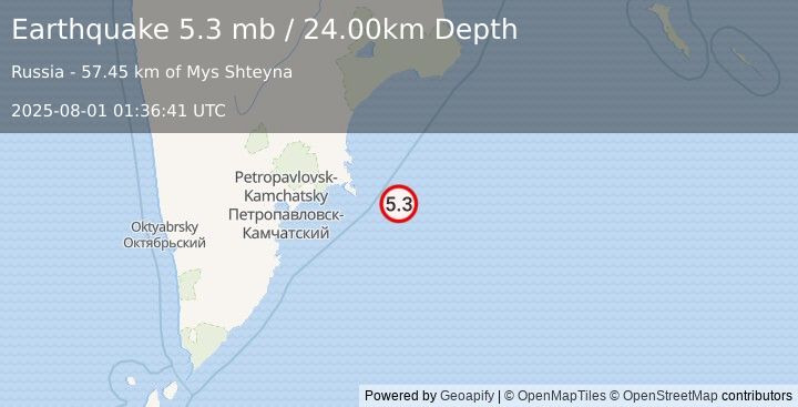 Earthquake OFF EAST COAST OF KAMCHATKA (5.3 mw) (2025-08-01 01:36:37 UTC)