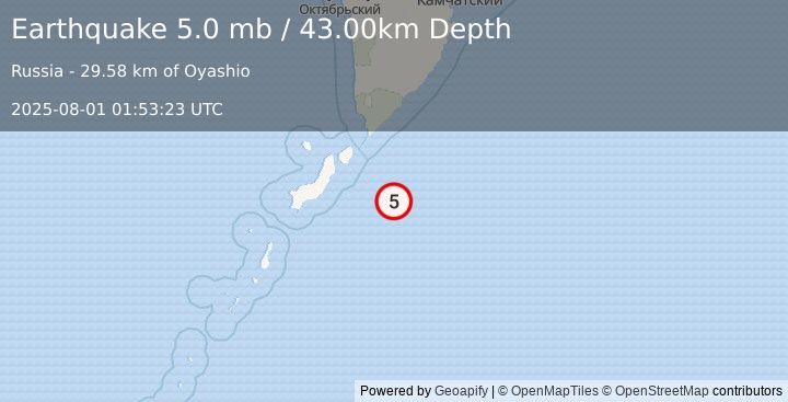 Earthquake KURIL ISLANDS (5.1 mb) (2025-08-01 01:53:22 UTC)