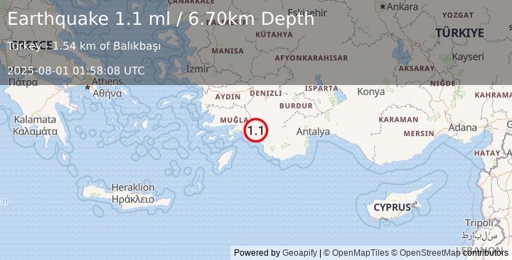 Earthquake DODECANESE IS.-TURKEY BORDER REG (1.1 ml) (2025-08-01 01:58:08 UTC)