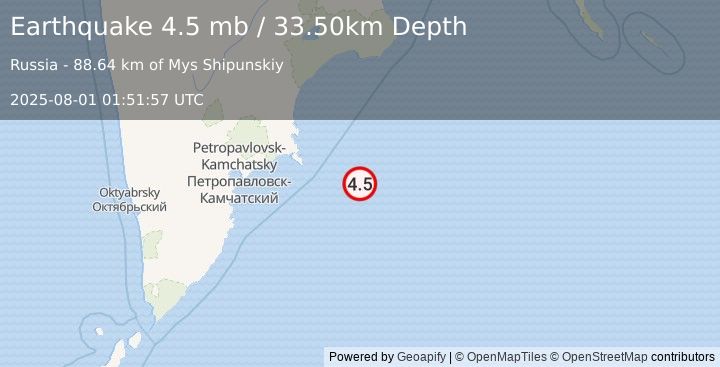Earthquake OFF EAST COAST OF KAMCHATKA (4.5 mb) (2025-08-01 01:51:57 UTC)