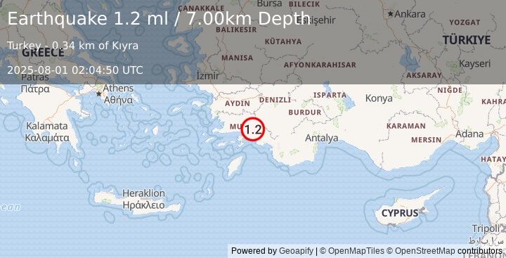 Earthquake WESTERN TURKEY (1.2 ml) (2025-08-01 02:04:50 UTC)