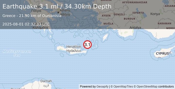 Earthquake CRETE, GREECE (3.1 ml) (2025-08-01 02:32:33 UTC)
