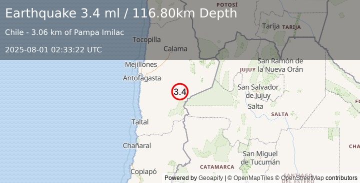 Earthquake ANTOFAGASTA, CHILE (3.4 ml) (2025-08-01 02:33:22 UTC)