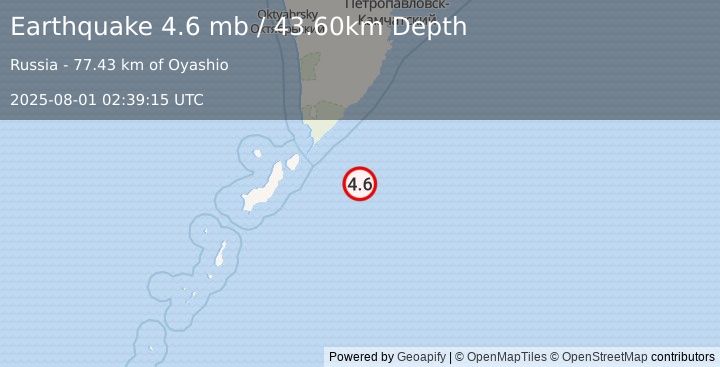 Earthquake KURIL ISLANDS (4.6 mb) (2025-08-01 02:39:15 UTC)