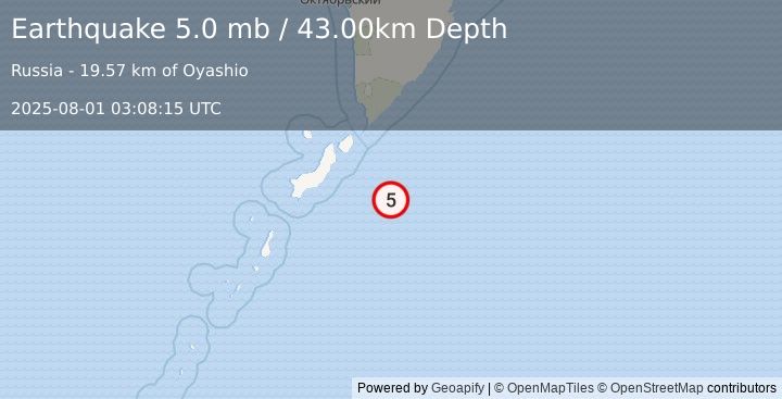 Earthquake EAST OF KURIL ISLANDS (4.8 mb) (2025-08-01 03:08:14 UTC)