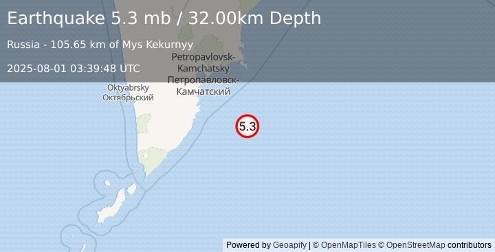Earthquake OFF EAST COAST OF KAMCHATKA (5.3 mw) (2025-08-01 03:39:44 UTC)