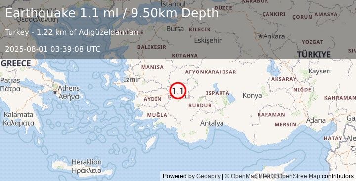 Earthquake WESTERN TURKEY (1.1 ml) (2025-08-01 03:39:08 UTC)