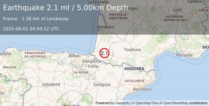 Earthquake PYRENEES (2.1 ml) (2025-08-01 04:50:12 UTC)
