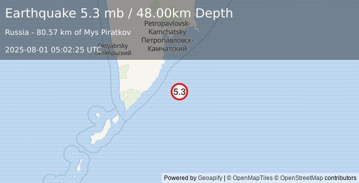 Earthquake OFF EAST COAST OF KAMCHATKA (5.0 mb) (2025-08-01 05:02:18 UTC)