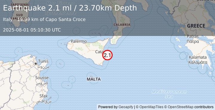 Earthquake SICILY, ITALY (2.1 ml) (2025-08-01 05:10:30 UTC)