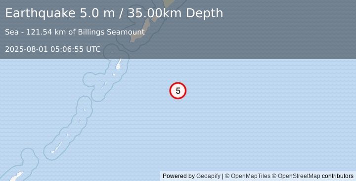 Earthquake EAST OF KURIL ISLANDS (5.0 mb) (2025-08-01 05:06:51 UTC)