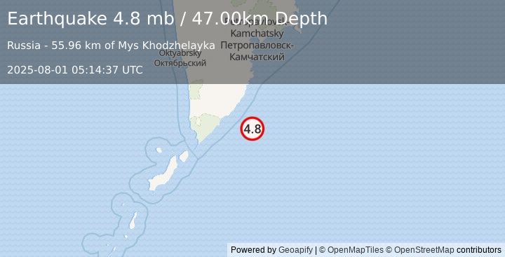 Earthquake NEAR EAST COAST OF KAMCHATKA (4.8 mb) (2025-08-01 05:14:37 UTC)