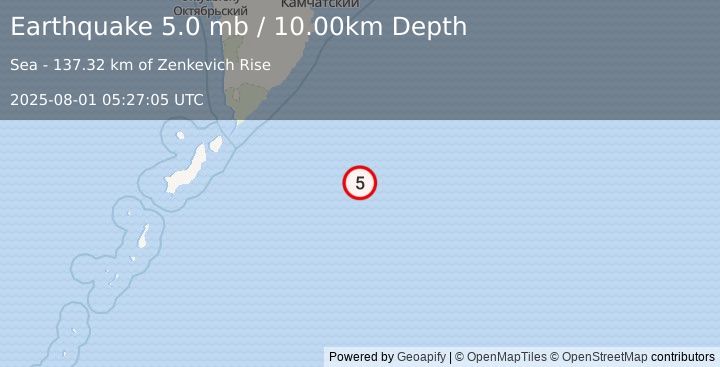 Earthquake EAST OF KURIL ISLANDS (5.0 mb) (2025-08-01 05:27:08 UTC)