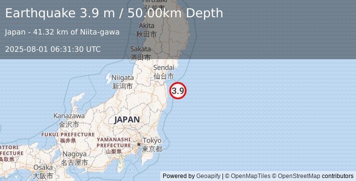 Earthquake NEAR EAST COAST OF HONSHU, JAPAN (3.9 m) (2025-08-01 06:31:30 UTC)