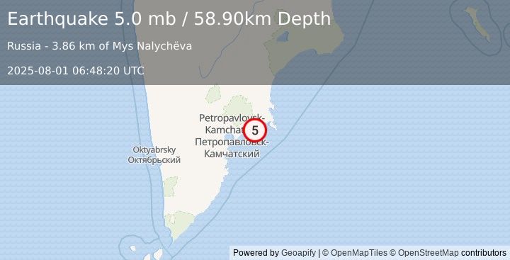 Earthquake OFF EAST COAST OF KAMCHATKA (5.1 mb) (2025-08-01 06:48:20 UTC)