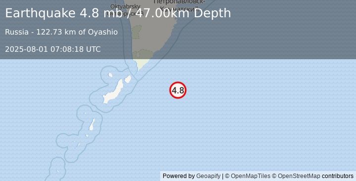 Earthquake EAST OF KURIL ISLANDS (4.7 mb) (2025-08-01 07:08:13 UTC)