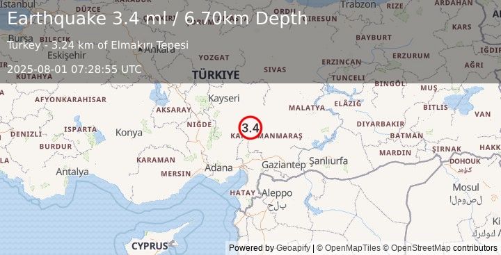 Earthquake CENTRAL TURKEY (3.4 ml) (2025-08-01 07:28:55 UTC)