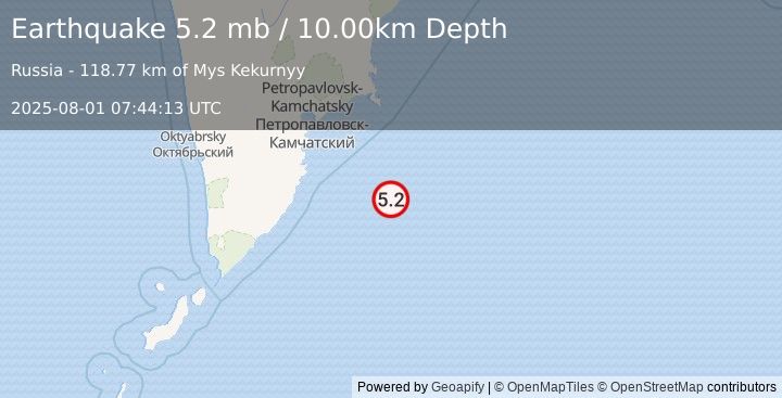 Earthquake OFF EAST COAST OF KAMCHATKA (5.3 mb) (2025-08-01 07:44:11 UTC)