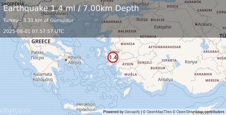 Earthquake WESTERN TURKEY (1.4 ml) (2025-08-01 07:57:57 UTC)