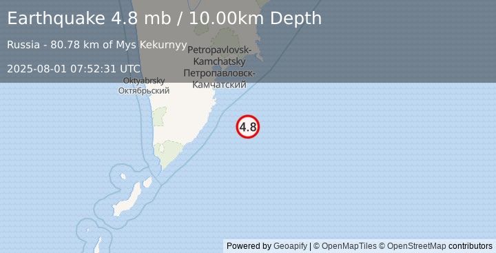 Earthquake OFF EAST COAST OF KAMCHATKA (4.8 mb) (2025-08-01 07:52:31 UTC)
