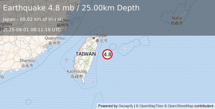 Earthquake TAIWAN REGION (4.8 mb) (2025-08-01 08:11:19 UTC)