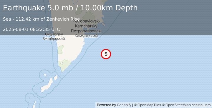 Earthquake OFF EAST COAST OF KAMCHATKA (5.0 mb) (2025-08-01 08:22:38 UTC)