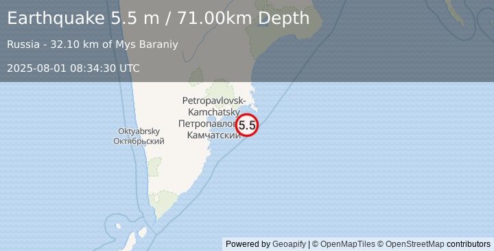 Earthquake OFF EAST COAST OF KAMCHATKA (5.7 mw) (2025-08-01 08:34:26 UTC)