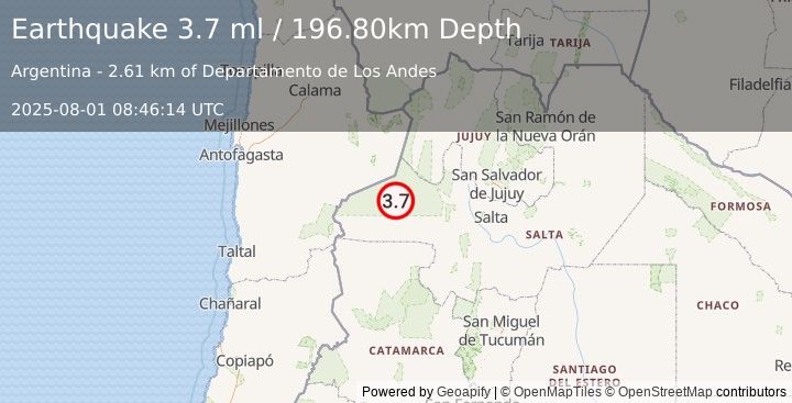 Earthquake SALTA, ARGENTINA (3.8 ml) (2025-08-01 08:46:16 UTC)