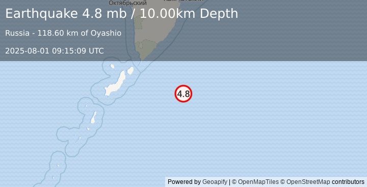 Earthquake EAST OF KURIL ISLANDS (4.8 mb) (2025-08-01 09:15:09 UTC)
