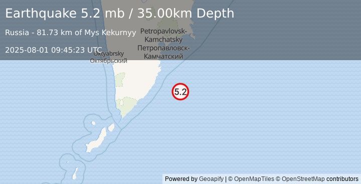 Earthquake OFF EAST COAST OF KAMCHATKA (5.2 mb) (2025-08-01 09:45:19 UTC)