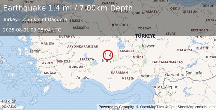 Earthquake CENTRAL TURKEY (1.4 ml) (2025-08-01 09:25:04 UTC)
