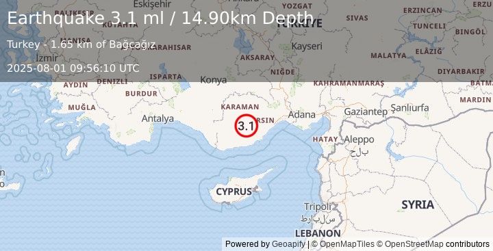 Earthquake CENTRAL TURKEY (3.1 ml) (2025-08-01 09:56:10 UTC)