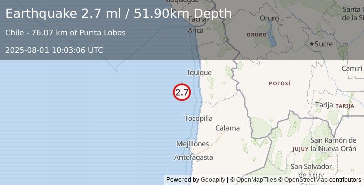 Earthquake OFFSHORE ANTOFAGASTA, CHILE (2.7 ml) (2025-08-01 10:03:06 UTC)
