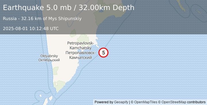 Earthquake OFF EAST COAST OF KAMCHATKA (5.0 mb) (2025-08-01 10:12:48 UTC)