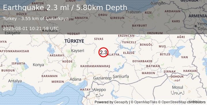 Earthquake CENTRAL TURKEY (2.3 ml) (2025-08-01 10:21:58 UTC)