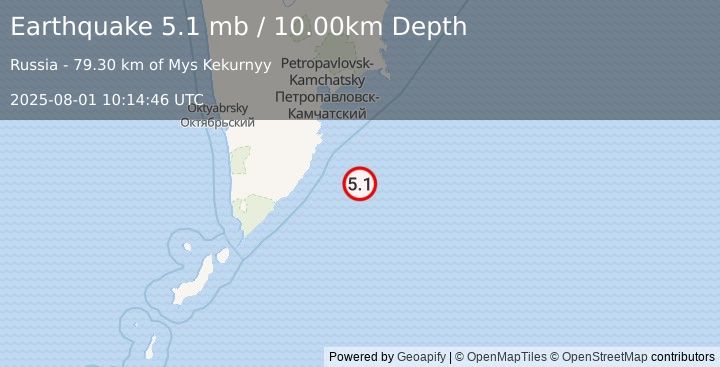 Earthquake OFF EAST COAST OF KAMCHATKA (5.0 mb) (2025-08-01 10:14:48 UTC)
