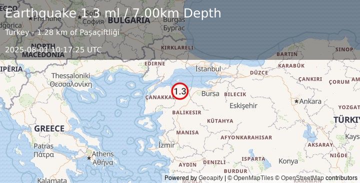 Earthquake WESTERN TURKEY (1.3 ml) (2025-08-01 10:17:25 UTC)