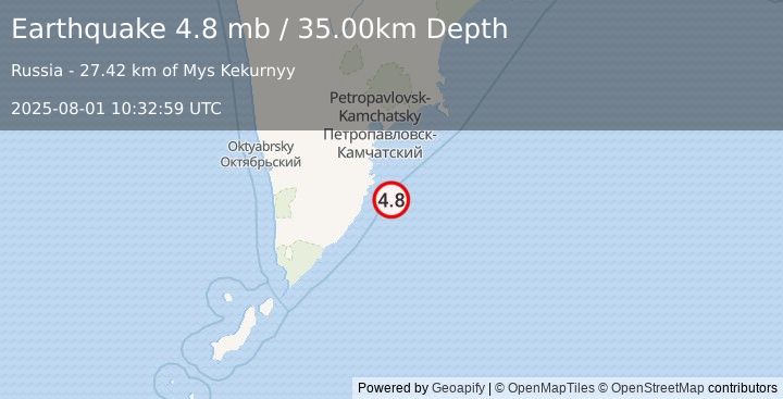 Earthquake NEAR EAST COAST OF KAMCHATKA (4.8 mb) (2025-08-01 10:32:59 UTC)