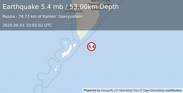 Earthquake EAST OF KURIL ISLANDS (5.4 mb) (2025-08-01 10:54:56 UTC)
