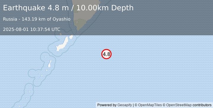 Earthquake EAST OF KURIL ISLANDS (4.8 m) (2025-08-01 10:37:54 UTC)