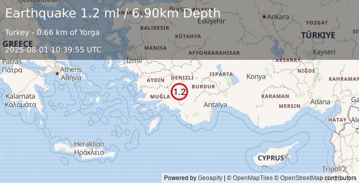 Earthquake WESTERN TURKEY (1.2 ml) (2025-08-01 10:39:55 UTC)