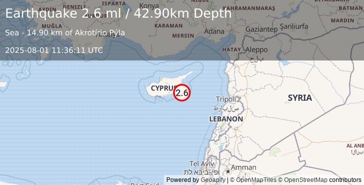 Earthquake CYPRUS REGION (2.6 ml) (2025-08-01 11:36:11 UTC)