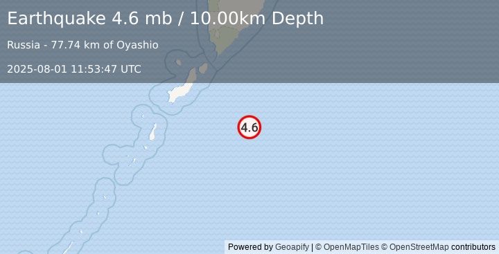 Earthquake EAST OF KURIL ISLANDS (4.6 mb) (2025-08-01 11:53:47 UTC)