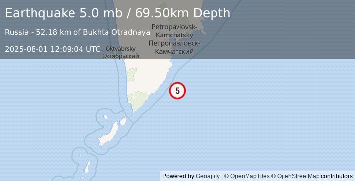 Earthquake NEAR EAST COAST OF KAMCHATKA (5.0 mb) (2025-08-01 12:09:04 UTC)
