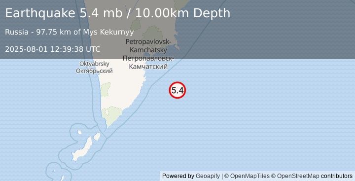 Earthquake OFF EAST COAST OF KAMCHATKA (5.3 mb) (2025-08-01 12:39:36 UTC)