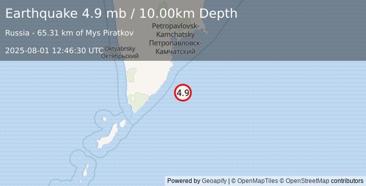 Earthquake OFF EAST COAST OF KAMCHATKA (4.8 mb) (2025-08-01 12:46:28 UTC)