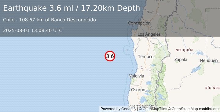 Earthquake OFF COAST OF ARAUCANIA, CHILE (3.6 ml) (2025-08-01 13:08:40 UTC)