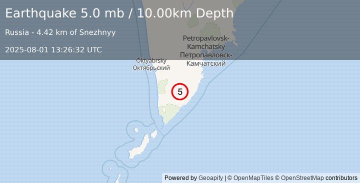 Earthquake NEAR EAST COAST OF KAMCHATKA (4.9 mb) (2025-08-01 13:26:27 UTC)
