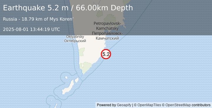 Earthquake NEAR EAST COAST OF KAMCHATKA (5.5 mw) (2025-08-01 13:44:19 UTC)