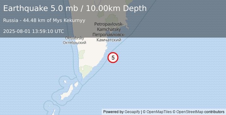 Earthquake OFF EAST COAST OF KAMCHATKA (4.8 mb) (2025-08-01 13:59:08 UTC)